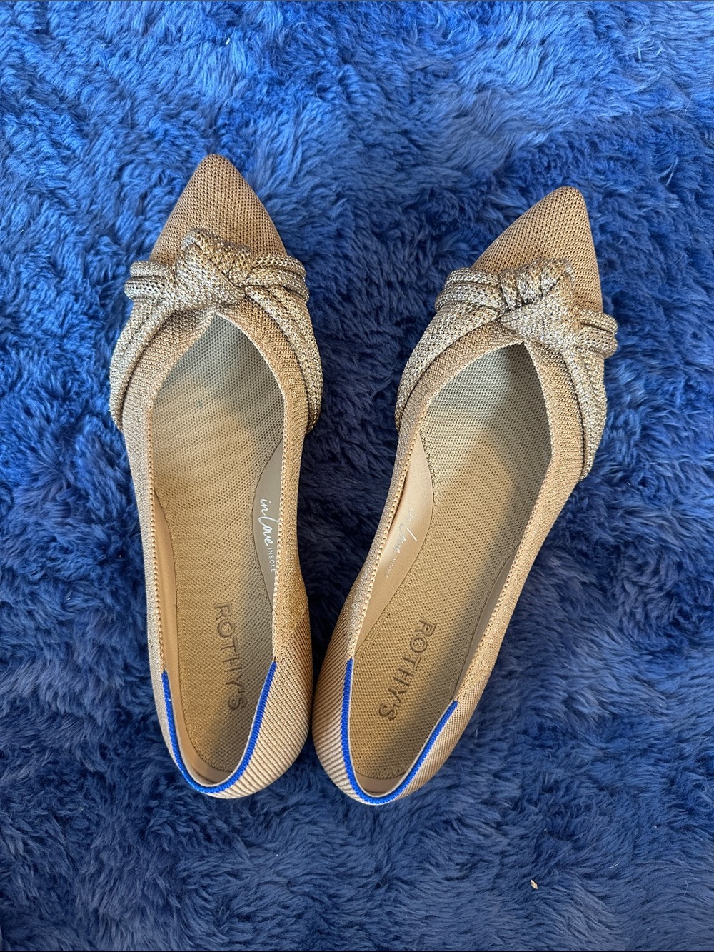 Rothy's Pointed Knit Flats with Knot Detail in Gold Shimmer